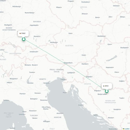 Mapa de vuelo directo Bania Luka - Memmingen