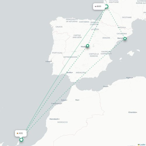 Mapa lotu bezpośredniego Bordeaux – Arrecife