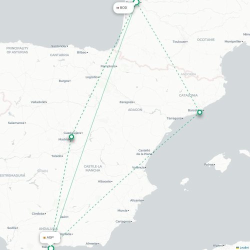 Mapa lotu bezpośredniego Bordeaux – Malaga