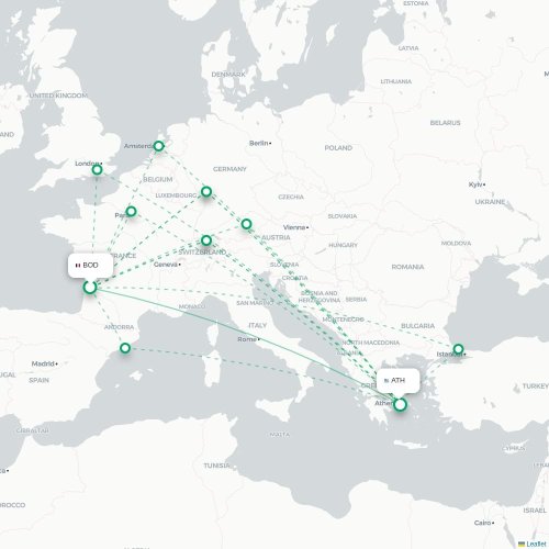 Mapa de vuelo directo Burdeos - Atenas