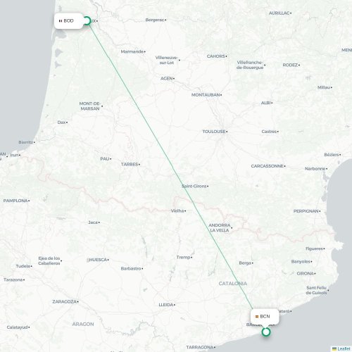 Mapa de vuelo directo Burdeos - Barcelona