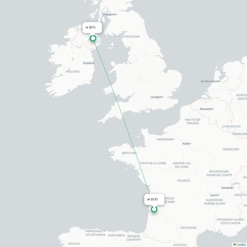 Mapa de vuelo directo Burdeos - Belfast