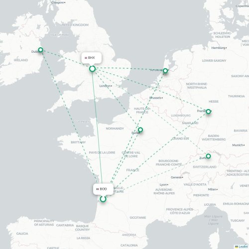 Mapa de vuelo directo Burdeos - Birmingham
