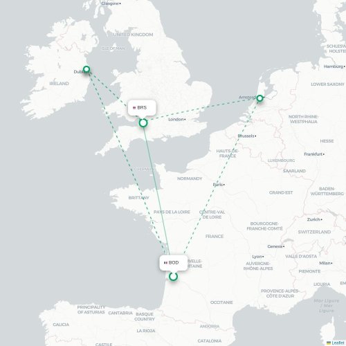 Mapa de vuelo directo Burdeos - Brístol