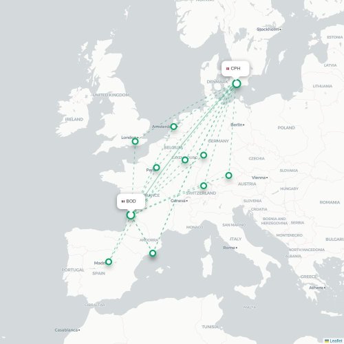 Mapa de vuelo directo Burdeos - Copenhague