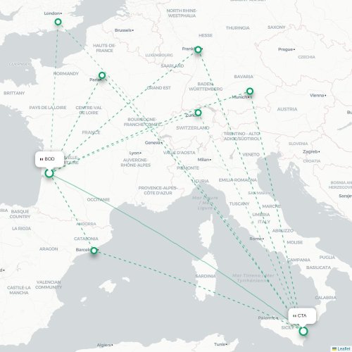 Mapa de vuelo directo Burdeos - Catania
