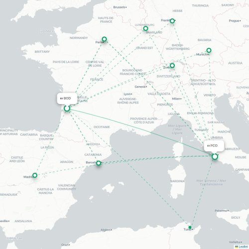 Mapa lotu bezpośredniego Bordeaux – Rzym