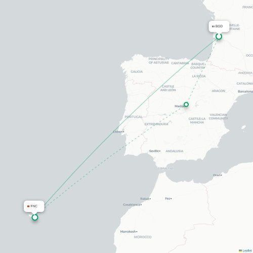 Mapa de vuelo directo Burdeos - Funchal