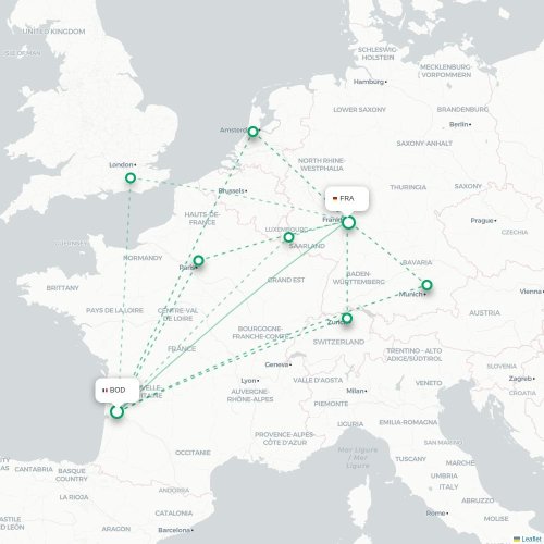 Mapa lotu bezpośredniego Bordeaux – Frankfurt nad Menem