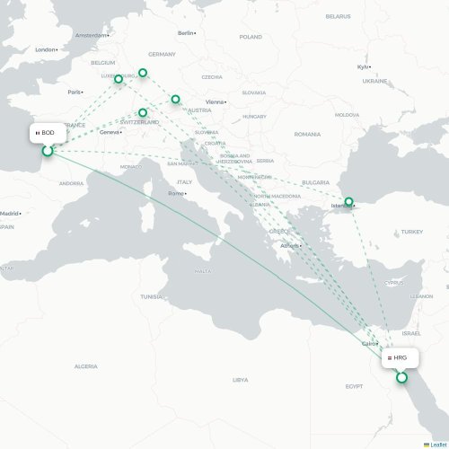 Mapa de vuelo directo Burdeos - Hurgada