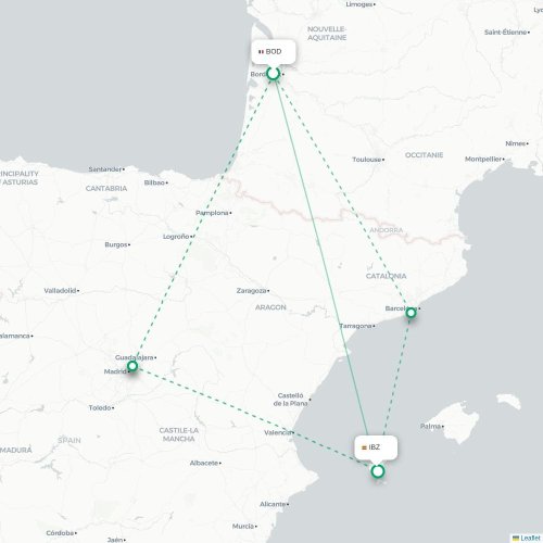 Mapa lotu bezpośredniego Bordeaux – Ibiza