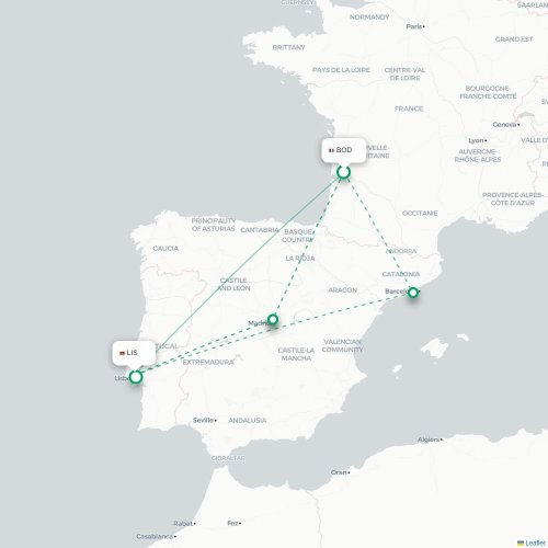 Mapa de vuelo directo Burdeos - Lisboa
