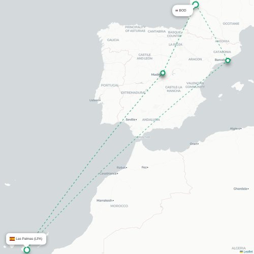 Mapa de vuelo directo Burdeos - Las Palmas de Gran Canaria
