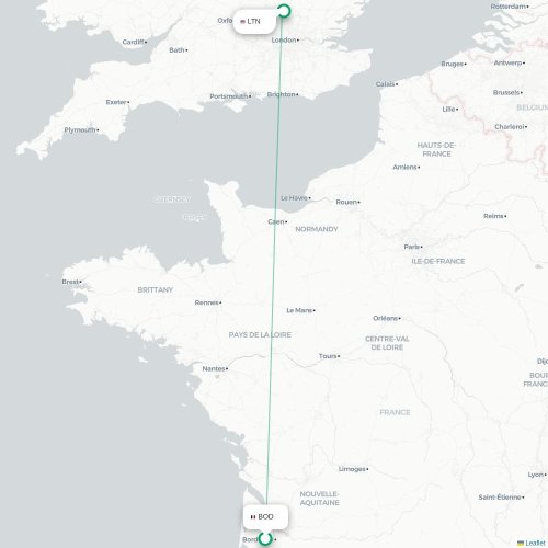 Mapa de vuelo directo Burdeos - Londres