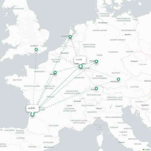 Mapa de vuelo directo Burdeos - Luxemburgo