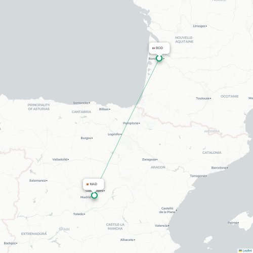 Mapa lotu bezpośredniego Bordeaux – Madryt
