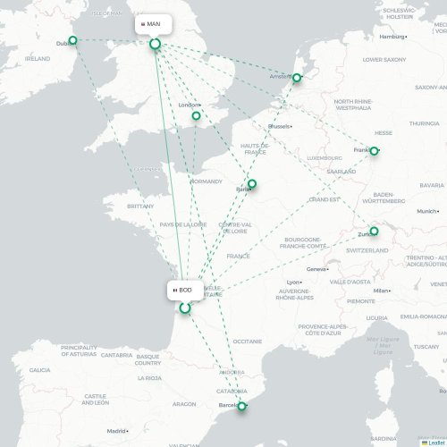 Mapa de vuelo directo Burdeos - Mánchester