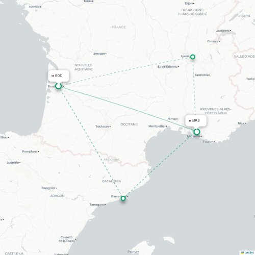 Mapa lotu bezpośredniego Bordeaux – Marsylia