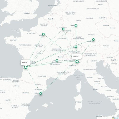 Mapa lotu bezpośredniego Bordeaux – Mediolan