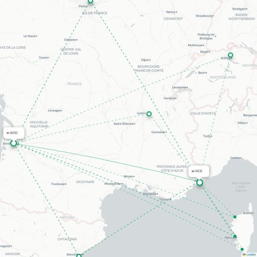 Mapa lotu bezpośredniego Bordeaux – Nicea