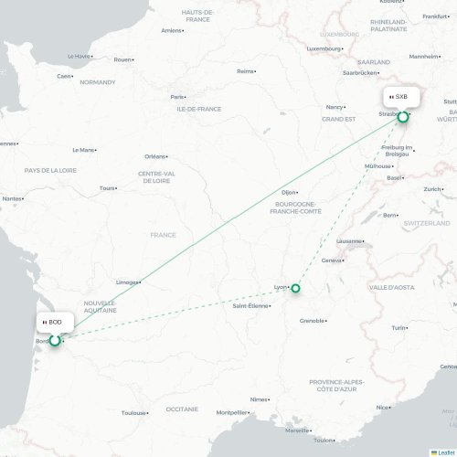 Mapa lotu bezpośredniego Bordeaux – Strasburg