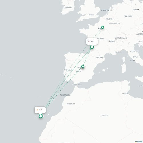 Mapa de vuelo directo Burdeos - Granadilla de Abona
