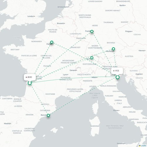 Mapa lotu bezpośredniego Bordeaux – Wenecja
