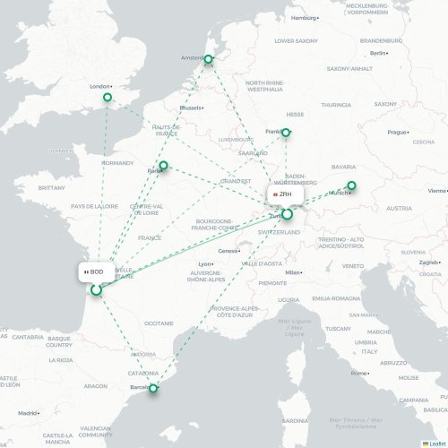 Mapa de vuelo directo Burdeos - Zúrich