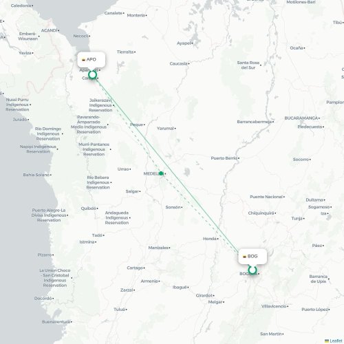 Bogota - Apartadó kaart van rechtstreekse vlucht