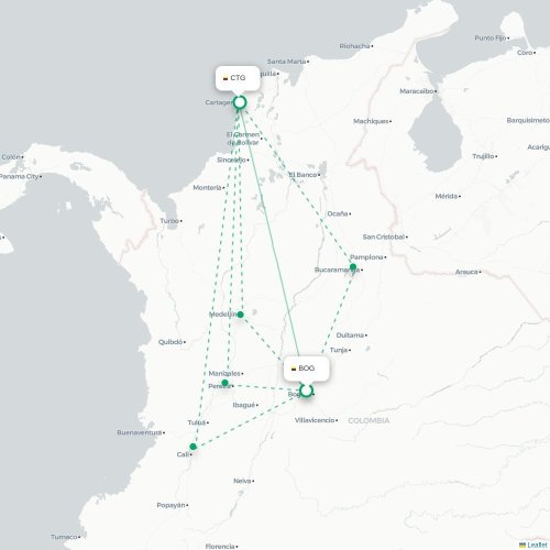 Mapa de vuelo directo Bogotá - Cartagena de Indias