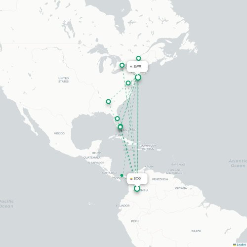 Mapa de vuelo directo Bogotá - Newark