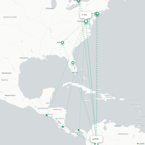 Mapa de vuelo directo Bogotá - Washington D. C.