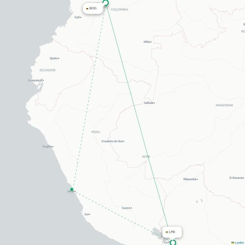Mapa lotu bezpośredniego Bogota – La Paz