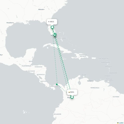 Mapa de vuelo directo Bogotá - Orlando
