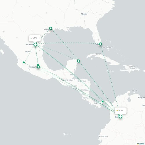 Mapa de vuelo directo Bogotá - Monterrey