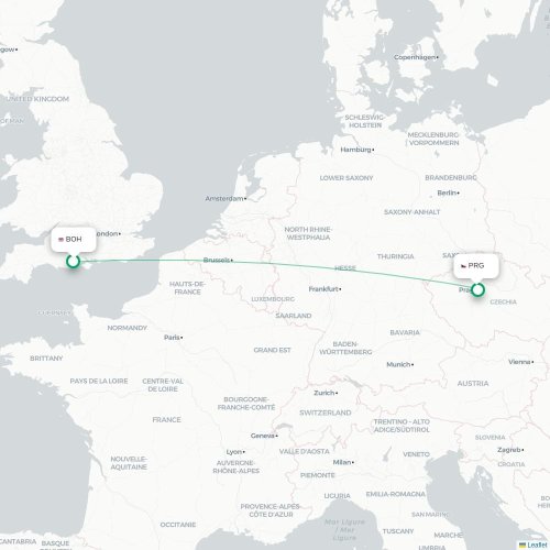 Mapa lotu bezpośredniego Bournemouth – Praga