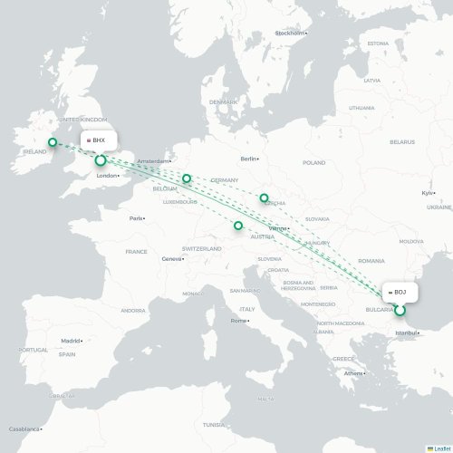 Mapa lotu bezpośredniego Burgas – Birmingham