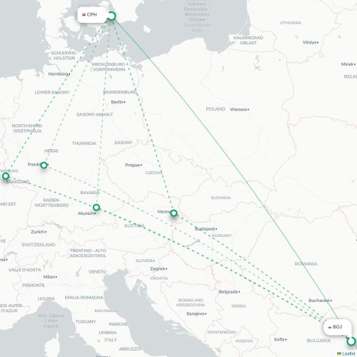 Mapa lotu bezpośredniego Burgas – Kopenhaga