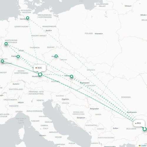 Mapa lotu bezpośredniego Burgas – Monachium