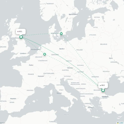 Mapa lotu bezpośredniego Burgas – Newcastle upon Tyne