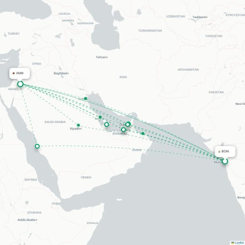 Mumbai - Amman karta över direktflyg