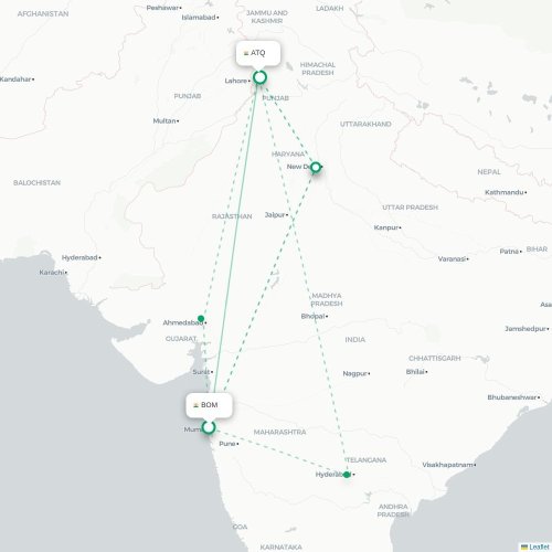 Mapa de vuelo directo Bombay - Amritsar