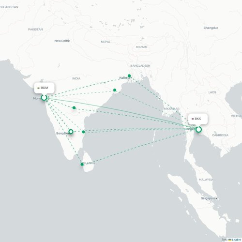 Mapa lotu bezpośredniego Mumbaj – Bangkok