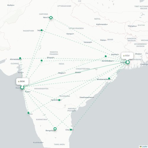 Mumbai – Kalkutta suoran lennon kartta
