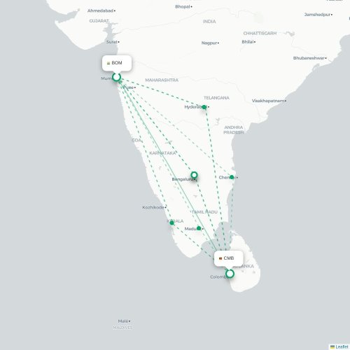 Mapa de vuelo directo Bombay - Colombo