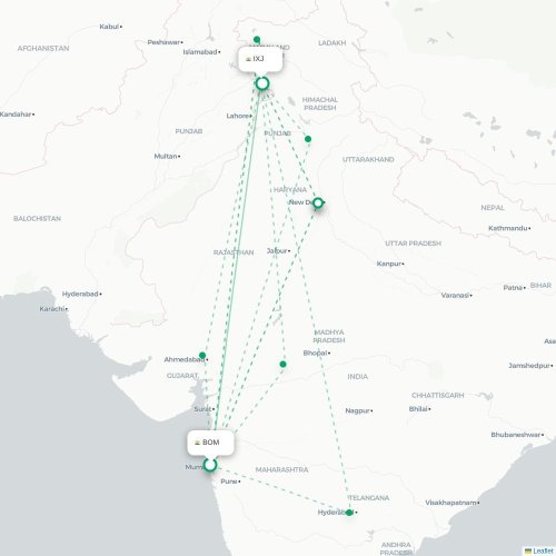 Mapa de vuelo directo Bombay - Jammu