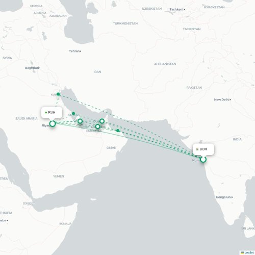 Mapa de vuelo directo Bombay - Riad