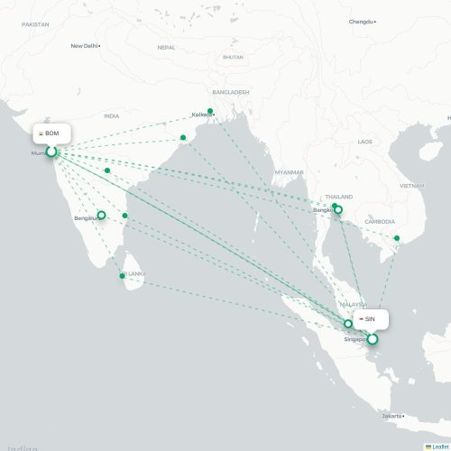 Mapa lotu bezpośredniego Mumbaj – Singapur