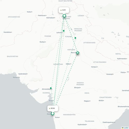 Mapa de vuelo directo Bombay - Srinagar