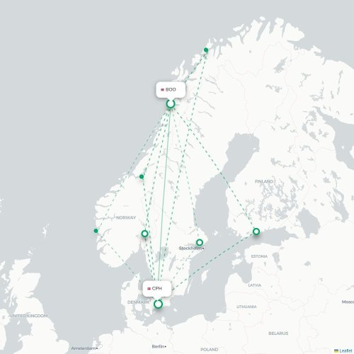 Mapa de vuelo directo Bodø - Copenhague